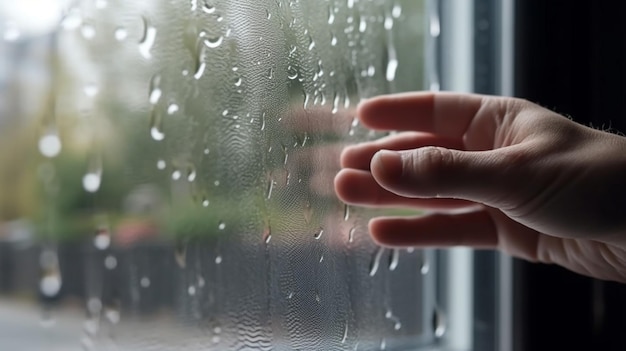 Uma mão estende a mão para a chuva em uma janela