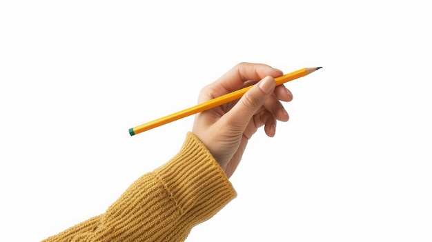 Uma mão feminina segura um lápis isolado em um fundo branco Mockup com espaço de cópia vazio para texto a