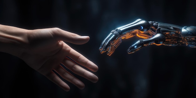 Uma mão humana estendendo a mão para apertar a mão de um robô de perto