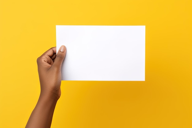 Uma mão humana segurando uma folha em branco de papel branco ou cartão isolado em fundo amarelo