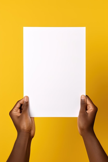 Uma mão humana segurando uma folha em branco de papel branco ou cartão isolado em fundo amarelo