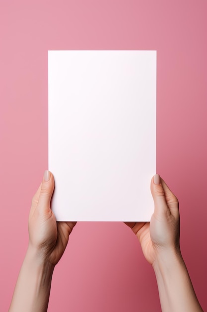 Uma mão humana segurando uma folha em branco de papel branco ou cartão isolado em fundo rosa