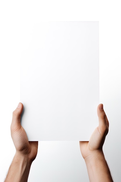 Uma mão humana segurando uma folha em branco de papel branco ou cartão isolado no fundo branco