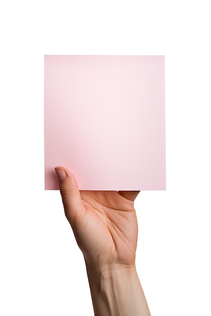 Uma mão humana segurando uma folha em branco de papel rosa ou cartão isolado em um fundo branco