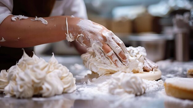 Uma mão luvada de padeiros é mostrada coberta de glasura branca enquanto preparam um bolo