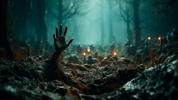 Uma mão morta-viva assustadora de Halloween a arrancar o caminho para fora do túmulo.