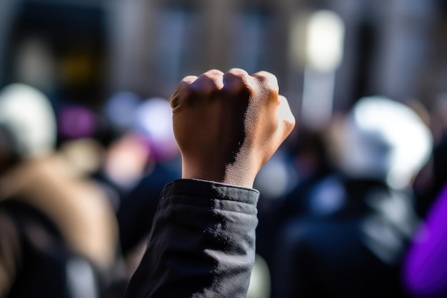 Uma mão negra cerrada em punho esticada em protesto contra o pano de fundo de uma manifestação pacífica Generative AI