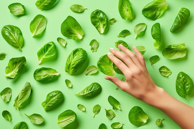 Uma mão rasgando folhas de alface para uma salada fresca