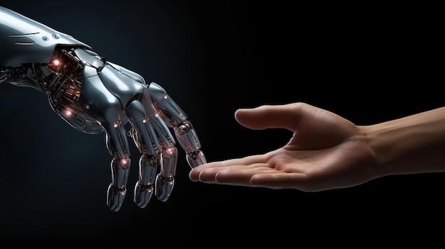 Uma mão robótica alcançando uma mão humana mostrando a conexão entre tecnologia e humanidade