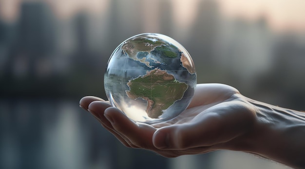 Uma mão segura um globo de vidro com o mundo nele.