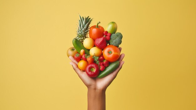 uma mão segura um monte de frutas, incluindo frutas e legumes