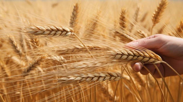 Uma mão segura uma colheita de trigo em um campo.