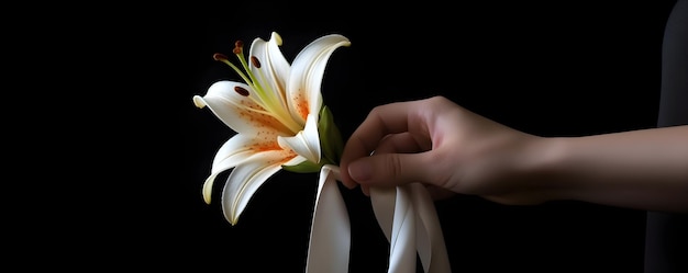 Foto uma mão segura uma flor na frente de um fundo preto.