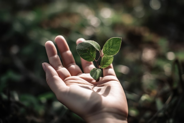 Uma mão segura uma pequena planta com a palavra amor.