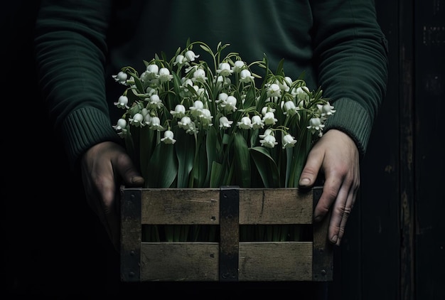 uma mão segurando flores brancas contra um recipiente de madeira escura no estilo verde e esmeralda