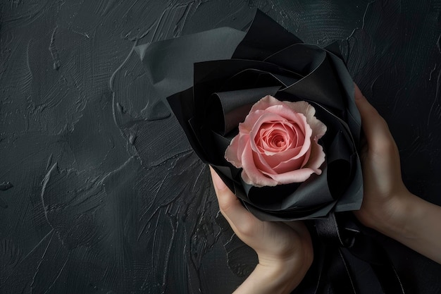 uma mão segurando papel preto embrulhado um buquê de rosa rosa em fundo preto de pintura áspera