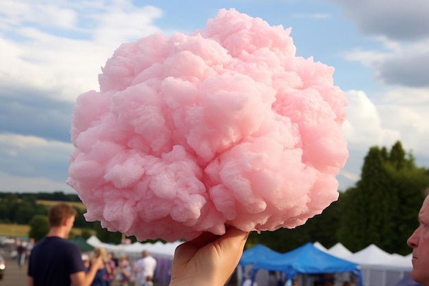 Foto uma mão segurando um algodão doce rosa em uma feira