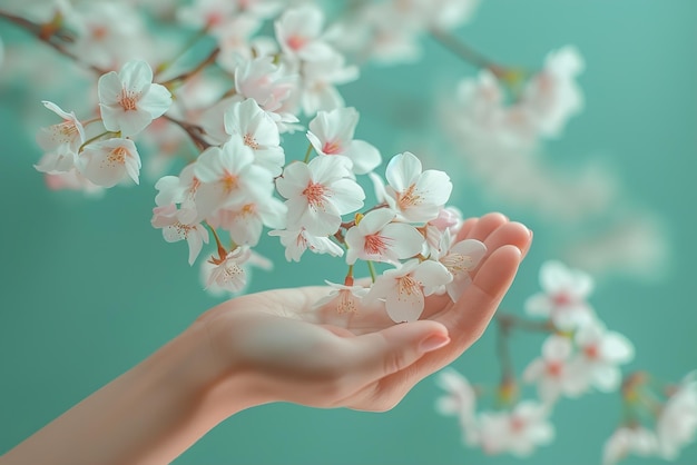 Uma mão segurando um bouquet de flores brancas