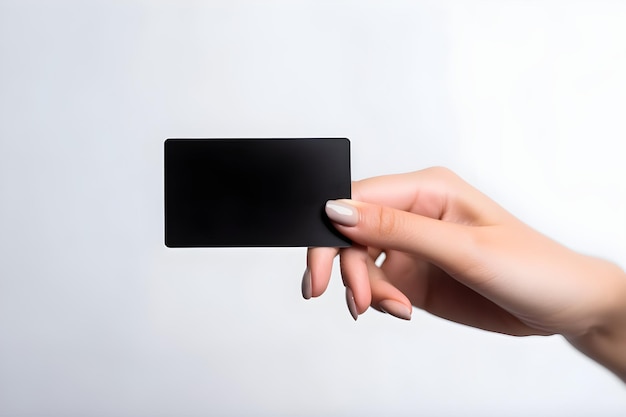 Uma mão segurando um cartão preto com fundo branco