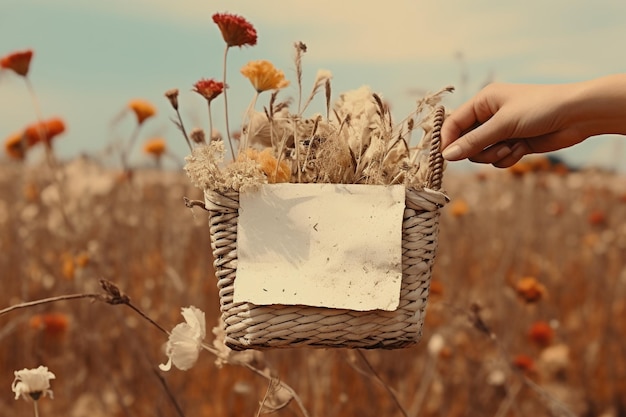 uma mão segurando um clipe de papel branco com uma cesta e algumas flores secas acima dela