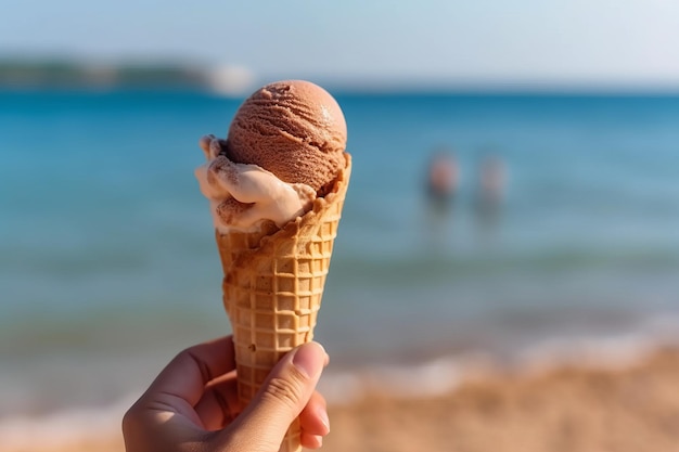 Uma mão segurando um cone de waffle com uma bola de sorvete.