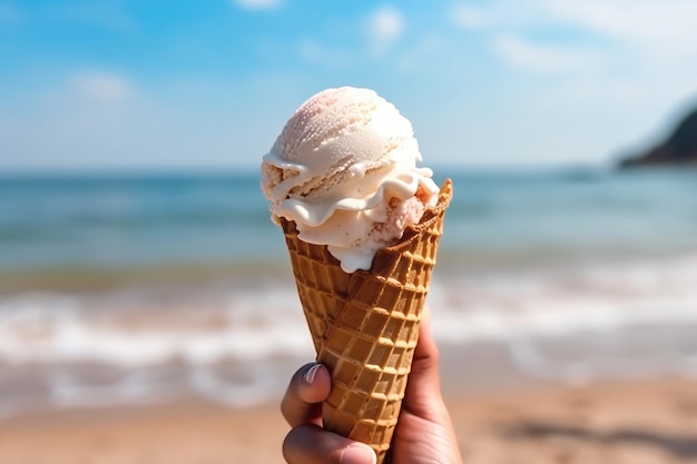 Uma mão segurando um cone de waffle com uma praia ao fundo