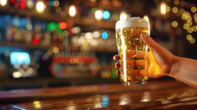 Uma mão segurando um copo de cerveja em um bar O copo está sendo segurado para a luz e as bolhas na cerveja são visíveis