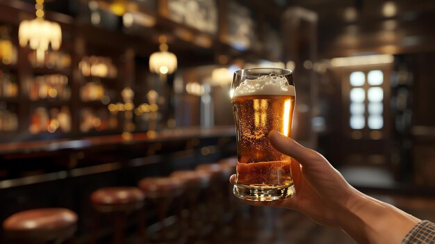 Uma mão segurando um copo de cerveja em um bar ou pub O copo está sendo segurado para a luz que está criando um brilho dourado em torno da cerveja