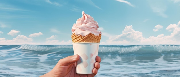 Uma mão segurando um copo de papel com um cone de sorvete derretendo evocando memórias de verões de infância passados brincando na praia a imagem poderia ser nostálgica e sentimental