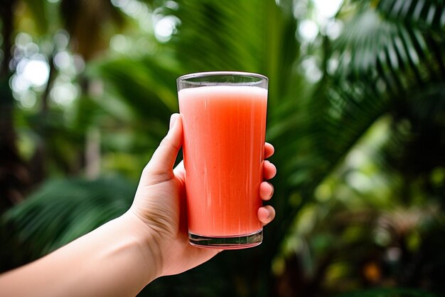 Uma mão segurando um copo de suco de melancia contra um pôr-do-sol de verão vibrante