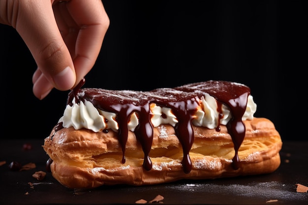 Foto uma mão segurando um eclair com uma mordida tirada dele