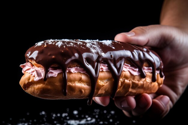 Foto uma mão segurando um eclair com uma mordida tirada dele