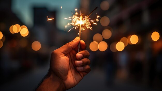 Uma mão segurando um faísca brilhantemente iluminada ao anoitecer com um fundo de luzes bokeh quentes de uma rua da cidade