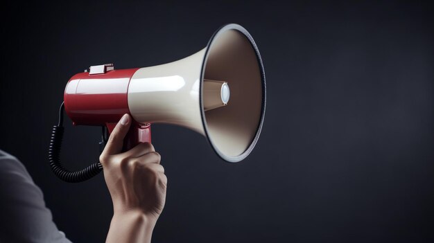 Uma mão segurando um megafone com a palavra rádio