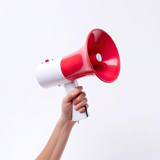 Uma mão segurando um megafone vermelho e branco pronto para fazer um anúncio