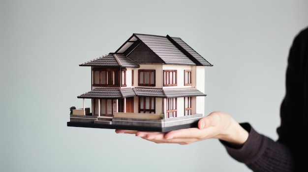 Uma mão segurando um modelo de uma casa
