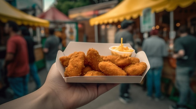 Uma mão segurando um prato de papel com nuggets de frango em um festival de rua