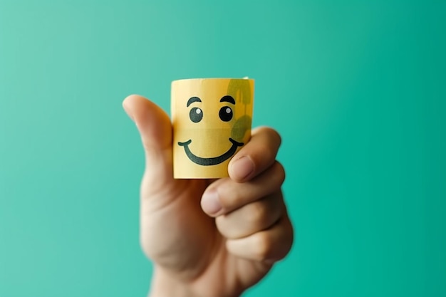 Uma mão segurando um rosto sorridente de papel amarelo com um rosto sorridente nele.