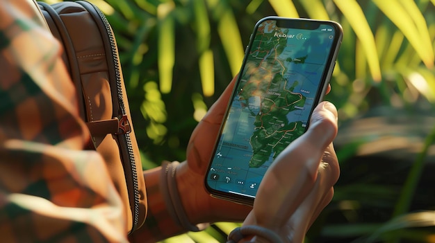 Uma mão segurando um smartphone com um mapa do mundo na tela A pessoa está de pé em uma floresta e está usando o mapa para navegar