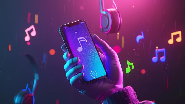 Uma mão segurando um smartphone com uma nota de música na tela O fundo é escuro com luzes de néon coloridas A mão está usando uma luva