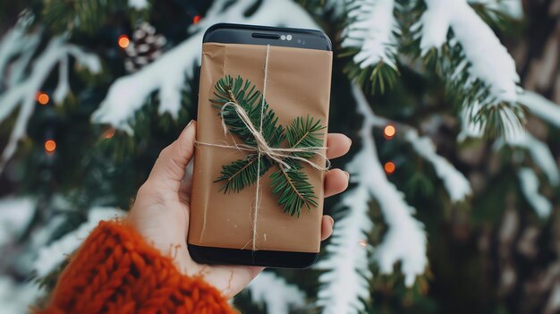 Uma mão segurando um smartphone embrulhado como um presente de Natal com uma decoração de galho de pinheiro contra um fundo desfocado de uma árvore de Natal com luzes