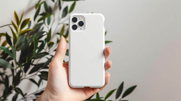 Uma mão segurando um telefone branco com uma câmera tripla A mão está segurando o telefone por trás e a câmera é visível