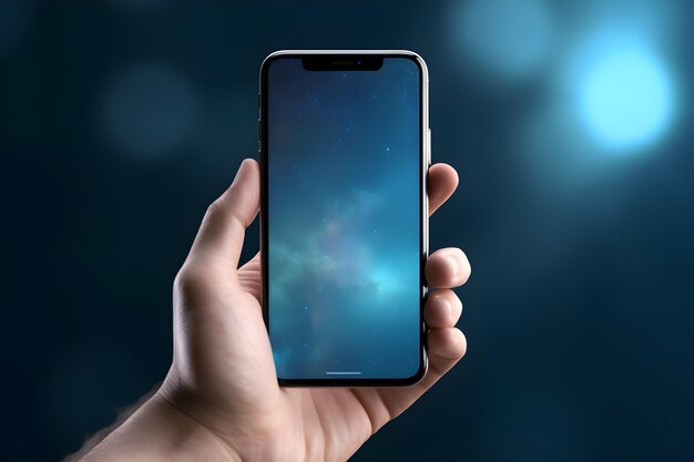 Uma mão segurando um telefone com uma tela azul que diz "iphone"