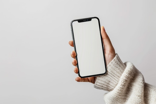 uma mão segurando um telefone com uma tela em branco