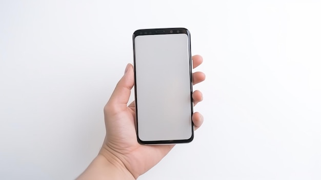 Uma mão segurando um telefone preto com um conceito de maquete de telefone de tela em branco