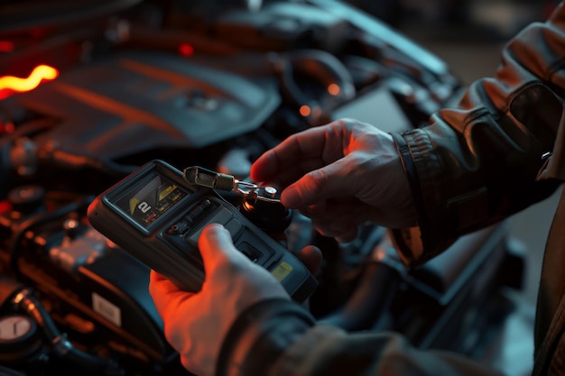 Foto uma mão segurando um testador de bateria de carro com motor de carro como fundo