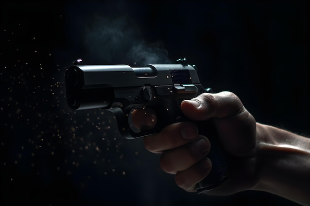 Foto uma mão segurando uma arma no escuro homens disparando balas de sua arma contra um fundo escuro