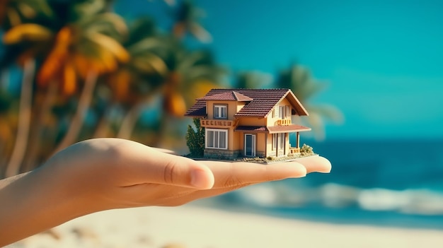 Uma mão segurando uma casa na praia