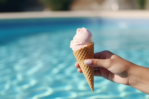 Uma mão segurando uma casquinha de waffle com uma casquinha de sorvete rosa em frente a uma piscina.