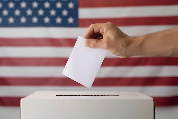 Foto uma mão segurando uma cédula de votação bandeira americana simbolizando as eleições nos eua